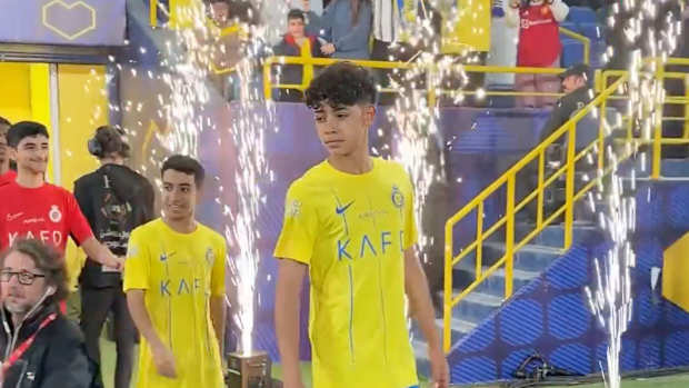 Cristiano Jr pictured leading out Al Nassr's U13 team at Al-Awwal Park in February 2024